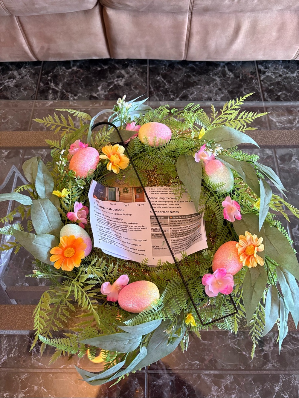 Spring NWT Floral Easter Wreath with Pink and Yellow Accents. 18” Ready to hang.